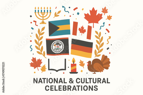 Creative multi-element illustration for National Heroes Day Bahamas Thanksgiving Day Canada El Dia de la Raza Belize and Seventh Day of Sukkot Germany with flags symbols and festive icons in clear min