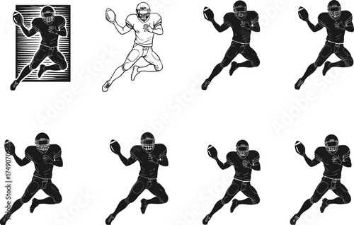 American football quarterback pose, male athlete throwing ball, silhouette and sketch styles, sports vector illustration set for design, animation, education