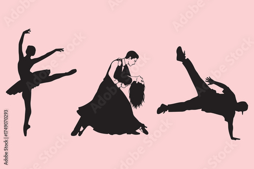 Silhouettes of three dancers performing different styles of dance on a pink background