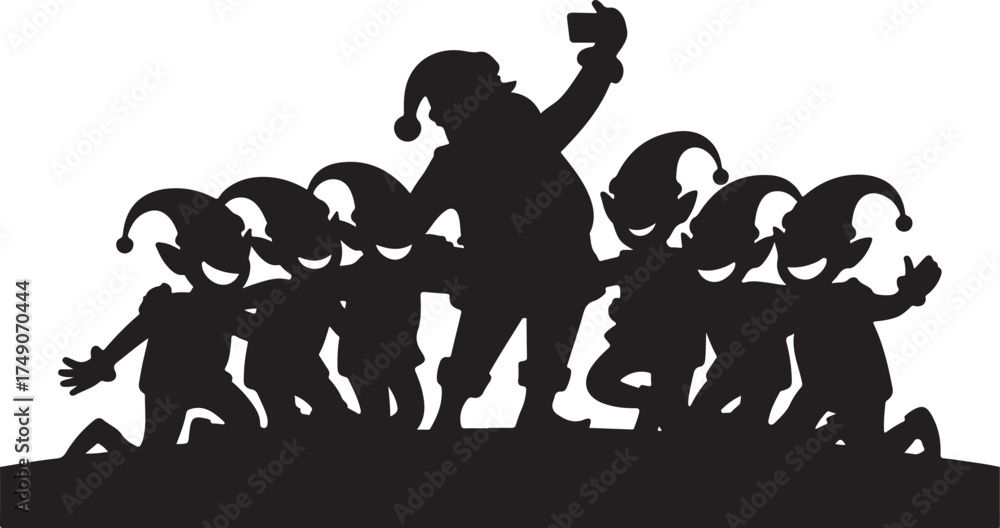 Obraz premium Santa Claus and elves taking a selfie together in silhouette christmas holiday