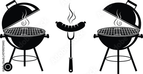 Barbecue grill silhouette vector, black cooking icon illustration, sausage on fork, steam rising, outdoor kitchen tools, summer food prep, grill design set