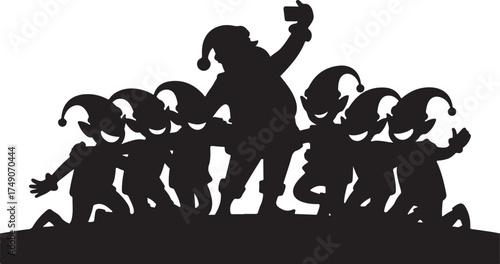 Santa Claus and elves taking a selfie together in silhouette christmas holiday