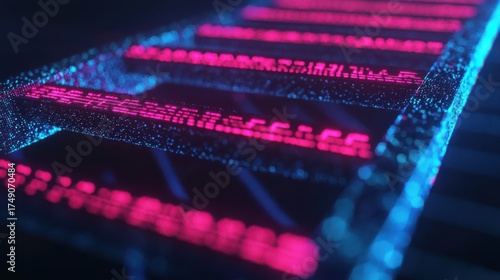 A vibrant digital representation of a DNA strand, showcasing glowing pink and blue elements, highlighting the intricacies of genetic structures.