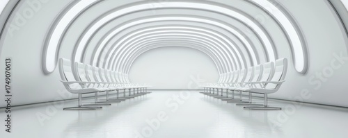 A modern, minimalist interior featuring curved white lines and sleek chairs, creating a futuristic and spacious atmosphere.