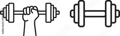 Hand gripping dumbbell next to free weight equipment for strength training fitness