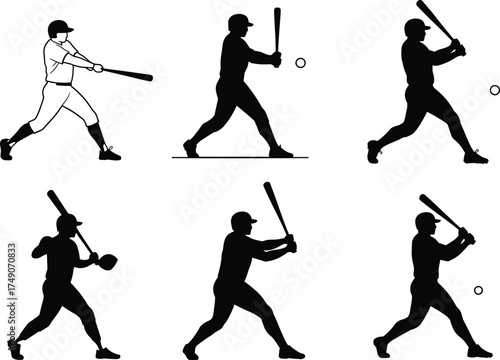 Baseball batter silhouette vector, dynamic swing pose, sports action illustration, athlete hitting ball, black silhouette clipart, isolated on white background