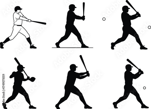 Baseball player swing silhouette, batting motion sequence, sports training vector, athletic action pose, hitting technique, dynamic movement, isolated black figures, editable illustration