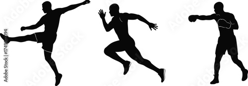 Dynamic male athlete silhouette illustration showing kickboxing, sprint running, and boxing action poses for sports training and fitness concept design