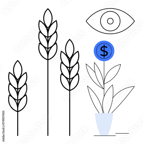 Stylized plants, a potted plant with a dollar sign bloom, and an eye symbol. Ideal for themes thumbs up finance, investment, growth, agriculture, sustainability vision and progress. A simple flat