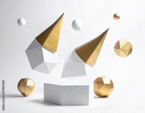 Golden and White Geometric Shapes Floating on Light Background Modern Minimalism