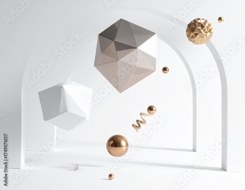 Abstract Still Life with Geometric Shapes Arches and Golden Accents 3D Render