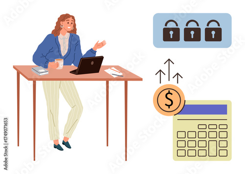 Woman stands at desk, sipping coffee while working on laptop. Nearby are concepts of financial growth, security, and budgeting. Ideal for finance, business, data security, technology workflow