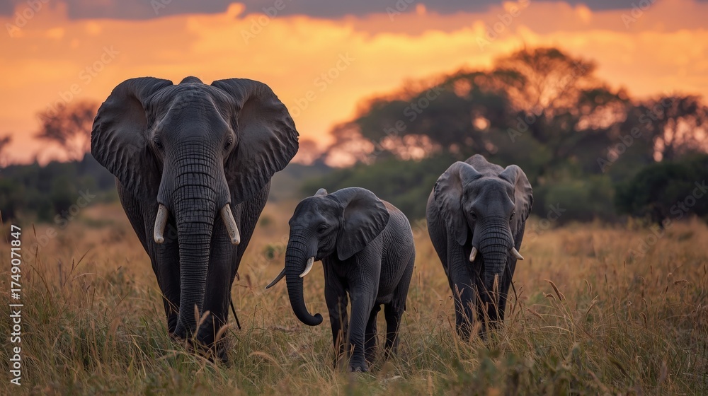 Fototapeta premium A family of elephants walking through tall grass at sunset in the african wilderness scene