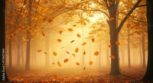Autumn Forest with Falling Leaves