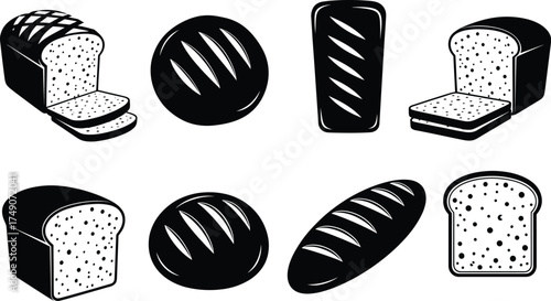 Bread silhouette vector, black-and-white bakery illustration, loaf, slice, artisan style, food icon, baked goods design, culinary element, kitchen graphic