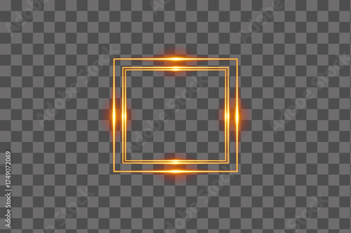 Glowing golden neon square frame with bright fiery energy edges isolated transparent background PNG