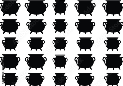 Cauldron silhouette vector, black cooking pot grid, uniform pattern design, Halloween theme, witchcraft icon, magical object illustration, spooky kitchen element