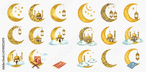 A collection of golden crescent moon illustrations featuring mosques, lanterns, stars, clouds, Quran, and prayer mats, symbolizing Islamic holidays and traditions.