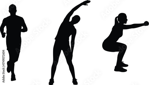 Silhouette People Running, Stretching, and Squatting Exercises for Fitness, Workout, and Healthy Lifestyle Training Vector Illustration on White Background