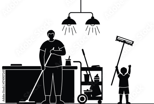 Cleaning silhouette vector, black-and-white illustration of teamwork, adult and child with mop, broom, cleaning cart, household chore, hygiene, interior scene