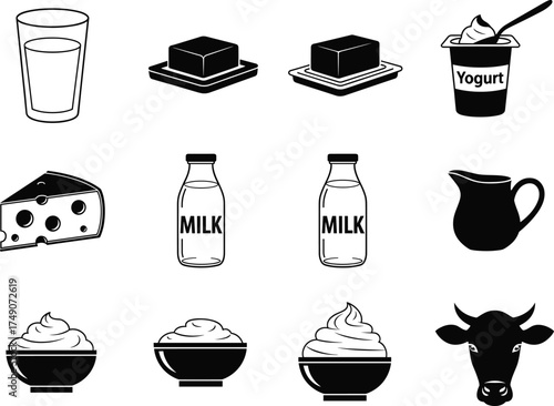 Dairy product silhouette vector, black-and-white food icons, milk, butter, cheese, yogurt, cream, cow head illustration, kitchen graphic, culinary design set