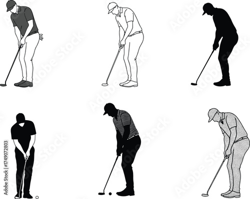 Golf putting stance illustration, vector golfer pose set, sports technique study, silhouette and line art, training motion, editable design, isolated figures