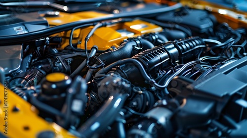 A photo of a car engine compartment with open hood.