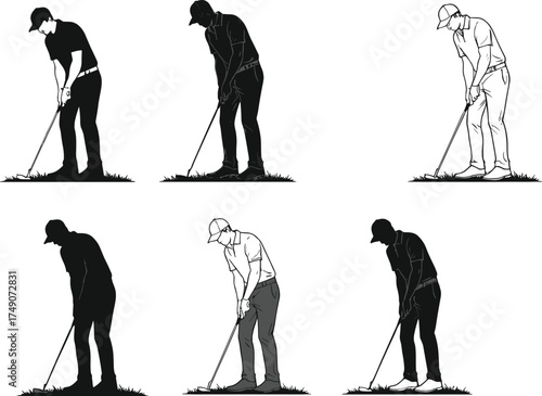 Golf stance silhouette, golfer posture illustration, tee setup pose, sports training vector, black and white outline, swing preparation, technique reference, athletic motion