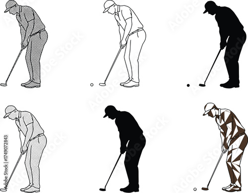 Golf putting pose illustration, artistic style variations, vector golfer set, halftone, silhouette, polygonal, line art, crosshatch, editable sports design, training motion