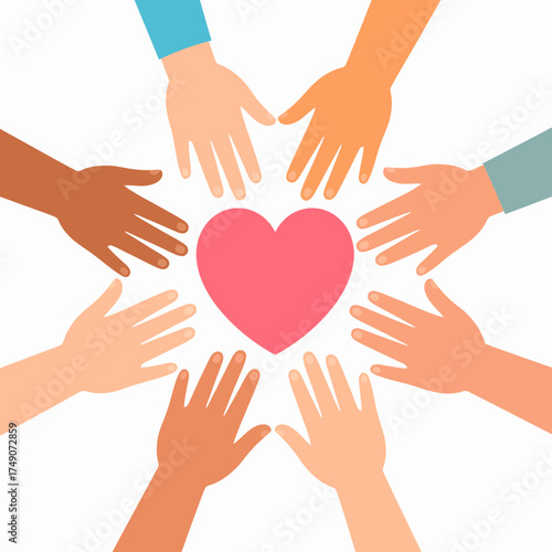Inclusive composition of hands reaching for a heart, representing global unity and compassion for diabetes awareness.