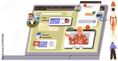 Laptop featuring video calls, charts, graphs, and data tools alongside digital avatars and messages. Ideal for technology, remote work, analytics, education, teamwork innovation productivity