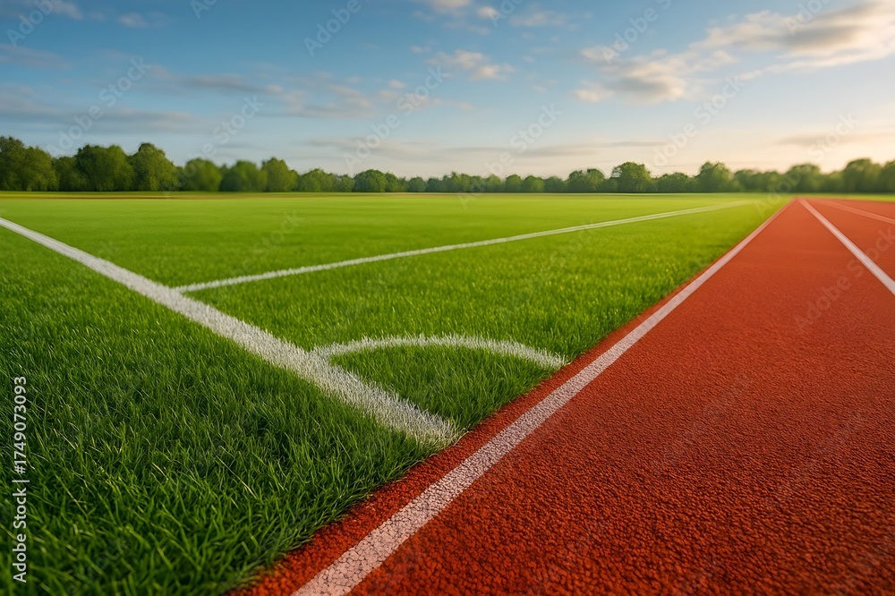 Obraz premium Green sports field with running track under clear sky