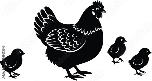 Hen silhouette with chicks, poultry family vector, black farm bird illustration, maternal care concept, animal protection, rustic agriculture design, editable graphic