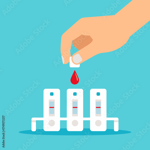 Close-up scene of a hand applying a blood drop on a test cassette, symbolizing early detection and diabetes screening.
