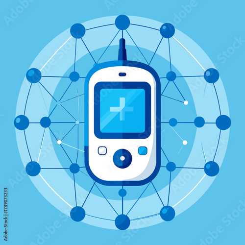 Modern illustration of a digital glucometer surrounded by connected nodes, symbolizing smart health monitoring for diabetes care.
