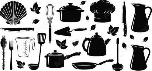 Kitchen utensil silhouette vector, black cooking tools illustration, whisk, pot, knife, spoon, pan, pitcher, chef hat, food prep icon set