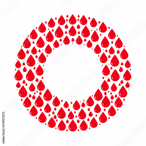 Creative symbol of World Diabetes Day featuring red blood drops forming a circular O shape, representing blood glucose and awareness.