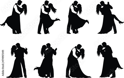Romantic couple dance silhouettes, ballroom elegance, love movement poses, black vector illustration, graceful dip and twirl, artistic passion, wedding dance concept