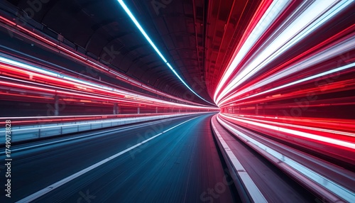 Dynamic light trails speed through a modern tunnel, creating an abstract futuristic design with vibrant red and blue hues, perfect for technology concepts