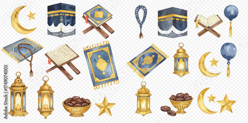 Watercolor collection of Islamic religious symbols and items including Kaaba, Quran, prayer mats, lanterns, dates, crescent moons, and stars.