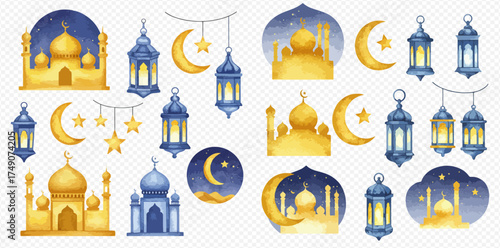 Watercolor illustrations of Islamic religious symbols including mosques, crescent moons, stars, and lanterns, perfect for Ramadan and Eid celebrations.
