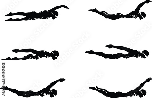 Swimming vector silhouette illustration set, professional athlete in motion, butterfly stroke style, isolated sports design, editable artwork, swimmer action pose collection