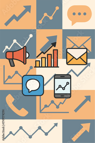 Flat icons for digital marketing and business with geometric analytics background.