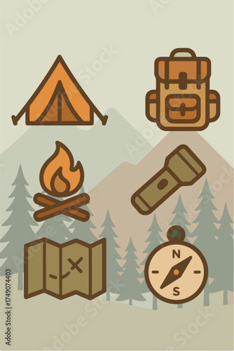 Flat icons of camping essentials with natural outdoor flat background.