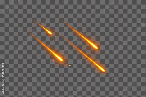 Fiery glowing meteors with orange and yellow light trails isolated transparent background PNG