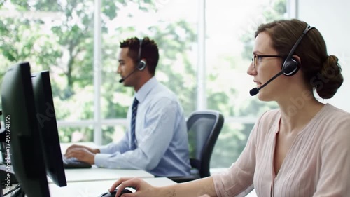 Young caucasian & african american men with headsets work at computers in modern office with natural light & green trees. Efficient call center operations concept.