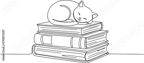 Simple one line drawing of a cute cat sleeping on stacked books, minimalist cozy home vector illustration, black outline pet art for reading, education and relaxation concepts.