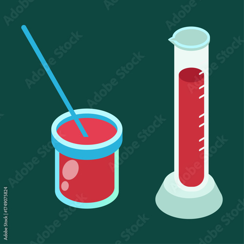 Laboratory equipment illustration beaker with stirrer and graduated cylinder filled with blood