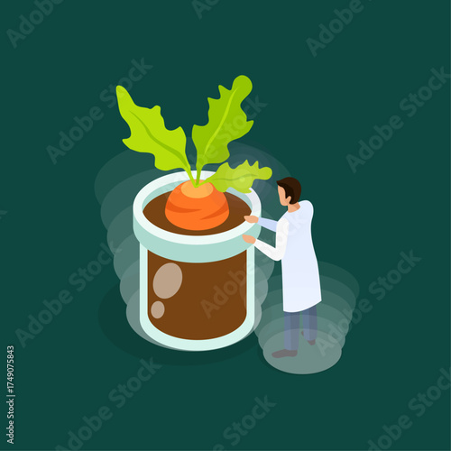 Isometric concept of a scientist researching genetically modified carrot growth in a laboratory beaker