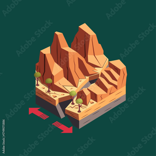 Isometric illustration of a geological fault line with shifting tectonic plates, showing earth's powerful forces and land transformation